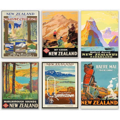 Jaunzēlande Travel Prints Set of 6 Travel Plakāti Okeānija Plakāti Retro Travel Art Retro Plakāts Sienas māksla Jaunzēlande Plakātu komplekts Wellington (20 cm x 25 cm)