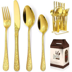 Home Drošības Besteck Set Gold 6 Personen, Edelstahl Modern Goldenes Besteck 24 teilig, Essbesteck Set mit Messer/Gabel/Löffel, Hochwertiges Edelstahlbesteck, Spülmaschinenfest