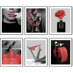 Modes sienu mākslas apdrukas Vannas istaba Decor Red Glam Glitter auduma auduma audekls Plakāts Pictures Fotogrāfijas Mākslas darbi Sienas melnā un baltā Modern Women Funny 11 x 14 collas (27.9 x 35.6 cm) bez rāmja