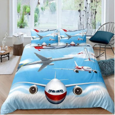 Homewish Aeroplane gultas veļas komplekts, 135 x 200 cm, Aviācijas lidmašīnas sedziņas pārklājs bērniem, zēniem, pusaudžiem, jauniešiem, jauniešiem, multiplikācijas lidmašīnas sega, lidojošs guļamistabas dekors ar 1 gab.