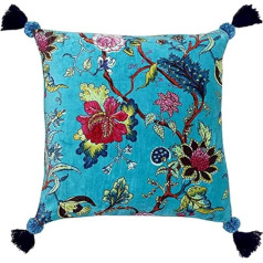 Riva Paoletti Tree Of Life Kissenbezug - Eisvogel Blue - Floral Chinoiserie-Druck - Pompom Quaste Corners - Maschinenwaschbar - 100% Baumwolle - 50 X 50 cm (20