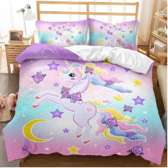 TULTOAP Vienradzis Gultas veļa 135 x 200 cm Rozā meiteņu gultas veļas komplekts Cute Cartoon Rainbow Unicorn Motif Segas pārvalks ar spilvendrānu (A)