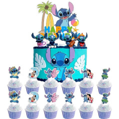 Stitch dzimšanas dienas dekorēšana 13 gabaliņu komplekts Stitch Cupcake Top Hat, 4 gabaliņu mini figūriņu dekorēšana, Stitch tematiskās ballītes aksesuāri, multfilmu kūkas dekorēšana, Happy Birthday Cake dekorēšana bērniem