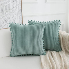 Qidordour Pack of 2 Grey Blue Throw Cushion Covers 45 x 45 cm Soft Stripped Cord Boho Farmhouse Dekoratīvie spilvenu pārvalki ar Pom Poms Square Cushion Covers for Couch Sofa Bed Chair Outdoor