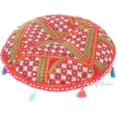 Indijas acis - 22 collu sarkans apaļš krāsains dekoratīvs dekoratīvs Patchwork grīdas spilvens meditācijas spilvens Throw Sēdvieta Bohemian Accent Boho Chic Indijas roku darbs tikai vāks