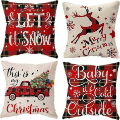 Pack of 4 Merry Christmas Design Cushion Covers Throw Pillow Cases for Sofa Xmas Room Decorations 18 x 18 Inch Cotton Linen Red Decorative Christmas Square Cushion Cover Only UK Deer and Car