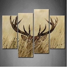 First Wall Art 4 Panel Hirsch leinwand Bilder Wohnzimmer mit langem Geweih in den Büschen Wandkunst Gemälde Der Bilddruck auf Leinwand Tierbilder für Home Decor Dekoration