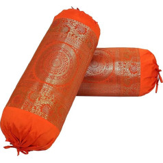 DK Homewares Traditionell Wohnzimmer Dekor Jacquard Brokat Zylinderkissenbezüge Polydupionseide 30x15 Mandala Blumen Tischdecken (Orange ; 76 x 38 cm) -Satz Von 2 Stck