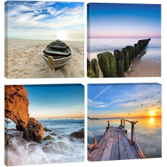 Wieco Art - Meereslandschaft Giclée-Leinwanddrucke, moderne Landschaft, Meer, Strand, Bilder auf Leinwand, Wandkunst für Heimdekorationen, Wanddekoration, 4-teiliges Set