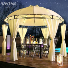 Swing & Harmonie LED lapene 350 cm Lavo ar sānu paneļiem un LED apgaismojumu + saules bateriju panelis Apaļa dārza lapene Svētku telts Dārza telts, apaļa, krēma krāsā