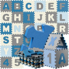 Spielwerk ® 86-Piece Puzzle Mat Baby Children 3.3 m² Play Mat Floor Protection Mat Crawling Mat Letters Numbers ABC Learning Rug XXL Foam Blue