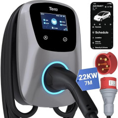 Tera EV Charger Smart App ar 16-32A Type 2 22kW vai 11kW vai 22kW mājas uzlādes staciju 400V CE & TÜV Wallbox 7 m uzlādes kabelis ar lādētāja turētāju App Control CEE 3-fāžu kontaktdakša W01, sudraba krāsā