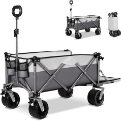 Dametay Handcart Foldable Beach Handcart: Foldable Hand Trolley with Brake Drink Holder Hand Trolley Transport Trolley with Solid Rubber Tyres 172L 100 kg Load Capacity Grey