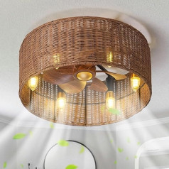 ENXING Vintage griestu ventilators ar apgaismojumu Rustic Fan Gaisma griestu E12 x 6 lampas turētājs Mute DC motors roku austs rotangpalmas viļņu ventilators gaismas griesti guļamistaba virtuve dzīvojamā istaba (spuldze nav iekļauta)