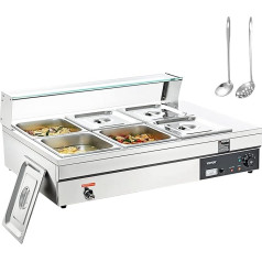 VEVOR Stainless Steel Buffet Warmer Food Warmer 1500 W, 6 x 13.2 L Buffet Containers, 265 x 325 x 150 mm Each Heating Plate Usable, Includes Glass Lid & Drain Tap & Dry Burning Indicator, for Canteen,