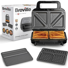 Breville 3-in-1 Ultimate Sandwich Maker | Īpaši dziļi šķīvji sviestmaizēm, vafelēm un paniņiem | Noņemami šķīvji ar nesadalāmu pārklājumu | Melns un nerūsējošais tērauds [VST098X] | ES spraudnis