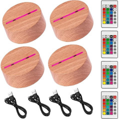 4 x 3D LED gaismas bāze Nakts gaismas lampas bāze koka izskats kā nomaiņa vai pašizgatavota Ietver tālvadības pulti USB kabelis 3D ilūzijas lampa 7 krāsas kā dekoratīva gaismas bāze veidotājam (4 koka izskats)