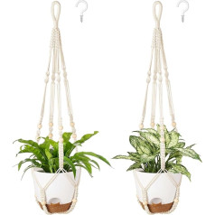 Mkono Hanging Planters, makrame augu pakaramais ar pašapkalpojošiem podiem iekštelpās, 2 pakaramo grozu puķu podu turētājs ar āķiem bez pušķiem, kas paredzēti Boho mājas dekoram, ziloņkaula kauls