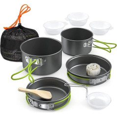 Lixada Camping Pot Set 11-Piece Camping Cookware Camping Tableware 2-3 cilvēki ar salokāmo karoti karotes dakšiņu griezējs kauss āra virtuves Se pārgājienu āra BBQ pikniks