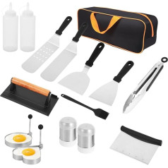 Aicion Grillzubehör, 15-teiliges Edelstahl-Grillwerkzeug-Set mit Spatel, Schaber/Zerkleinerer, Untertassenflasche, Powerzange, Ölbürste für Blackton, Grillutensilien, Geschenkset, Kochen drinnen oder