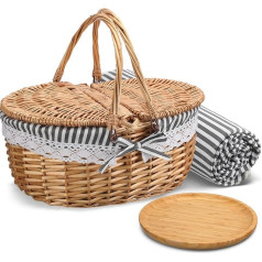 Gandeer Picknickzubehör-Set Korb mit Deckel und Griff, Picknickdecken, Matten und Bambusplatten, Weiden-Picknickkorb, stabiler gewebter Körper mit waschbarem Futter für Camping (Grau)