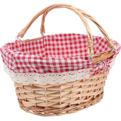 Woven Picnic Basket with Handles: Wicker Basket, Eggs, Candy Basket with Red and White Gingham Blanket Lining for Egg Collection, Wedding, Candy Gift