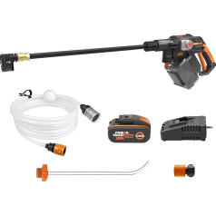 WORX WG633E Hydroshot akumulatora spiediena mazgātājs 20 V - 56 bāru maks. Daudzfunkcionāls tīrīšanai un apūdeņošanai - Jaudīgs bezsuku motors - 5-in-1 spiediena sprausla - Komplektā ietilpst 4Ah akumulators &