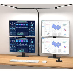 Qooltek Dimmable LED galda lampa ar 4 caurulēm, Gooseneck spailes lampa, galda lampa, 24 W acu aizsardzības galda lampa birojam, monitora lampa ar 5 krāsu temperatūrām, ietver adapteri, melns