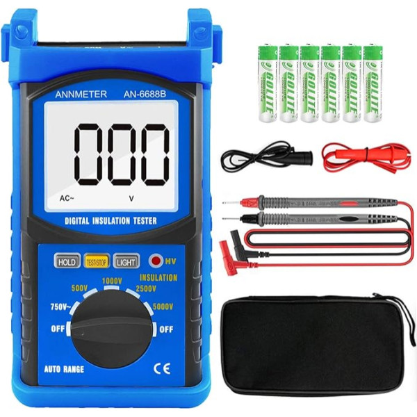 AIOMEST Izolācijas mērītājs, AI-6688B Izolācijas pretestības testeris, megomēra pretestības mērītājs, 500/1000/2500/5000V, 1MΩ~200GΩ, 750V AC kabeļiem, elektriskajām ierīcēm