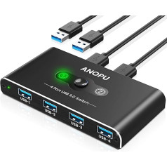 USB slēdzis, alumīnija USB KVM slēdzis 2 PC USB 3.0 slēdzis 2 ieejas 4 izejas, uzlabots USB slēdzis ar 2 ātrgaitas USB 3.0 kabeļiem, printerim, pelei, tastatūrai, cietajam diskam, USB atmiņai