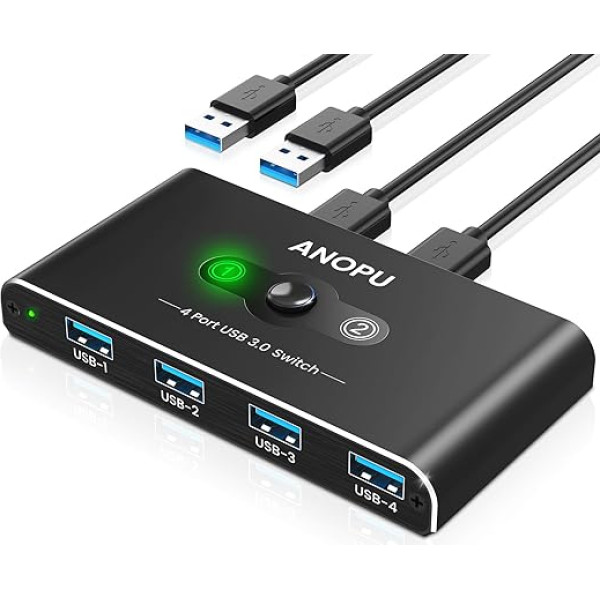 USB slēdzis, alumīnija USB KVM slēdzis 2 PC USB 3.0 slēdzis 2 ieejas 4 izejas, uzlabots USB slēdzis ar 2 ātrgaitas USB 3.0 kabeļiem, printerim, pelei, tastatūrai, cietajam diskam, USB atmiņai