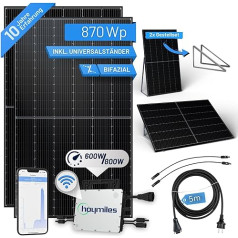 flex-energie Balkona elektrostacijas komplekts I 870Wp saules modulis, Hoymiles HMS-800W-2T invertors, universāls statīvs un 5 m kabelis I Divpusēja saules sistēma, kas nodrošina par 20 % vairāk enerģijas ražošanu mājās