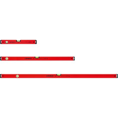 PRO 600 līmeņrāžu komplekts 3 gab. - 50, 100, 150 cm garumā - precīzs līmeņrādis ar ergonomisku profilu - ERS+ (viegla nolasīšanas sistēma) un prettrieciena amortizatori - sarkana krāsa