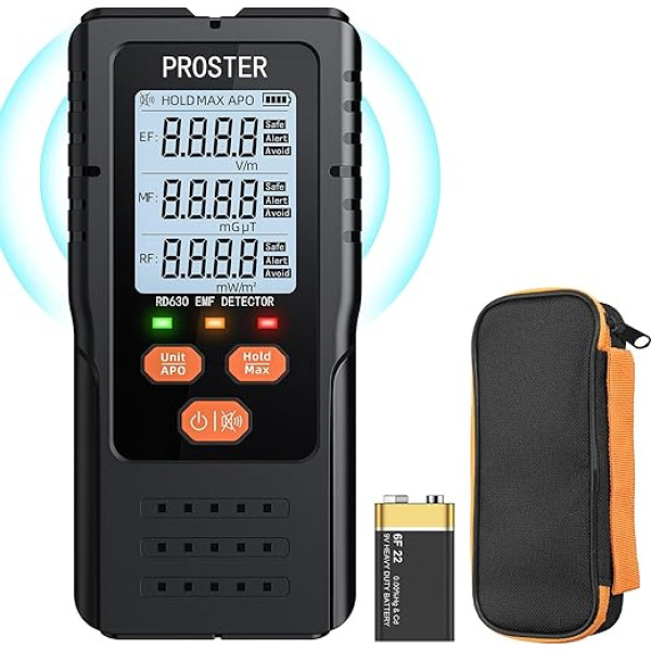 Proster EMF mērītājs 3 in 1 digitālais starojuma detektors elektromagnētisko lauku EF RF MF, 5G mobilo sakaru torņu WiFi signāla detektors EMF pārbaudei mājās un birojā un spoku medībām