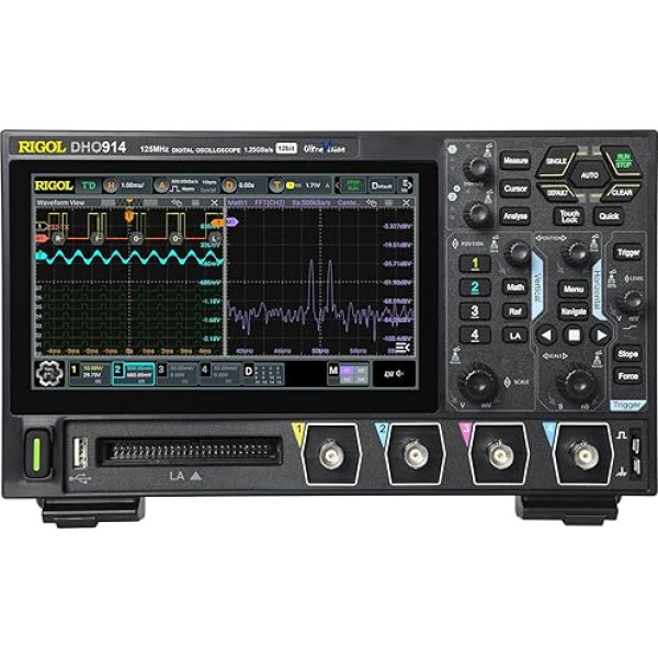 RIGOL DHO914 portatīvais digitālais osciloskops, 125 MHz joslas platums, 4 analogie kanāli, 16 digitālie kanāli, 12 bitu vertikālā izšķirtspēja, atbalsta Bode diagrammas analīzi