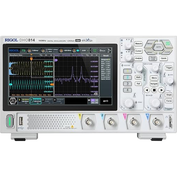 RIGOL DHO814 portatīvais digitālais osciloskops, 100 MHz joslas platums, 4 analogie kanāli, 12 bitu vertikālā izšķirtspēja, zems trokšņu fons, mobilā barošanas avota atbalsts