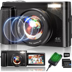 4K digitālā kamera, 48 MP autofokusa kamera ar 32 GB karti, 2,7 collu 180° ekrāns, videoreportāžas kamera YouTube, 16x tālummaiņa ar zibspuldzi, kompakta kamera pusaudžiem, iesācējiem, pieaugušajiem