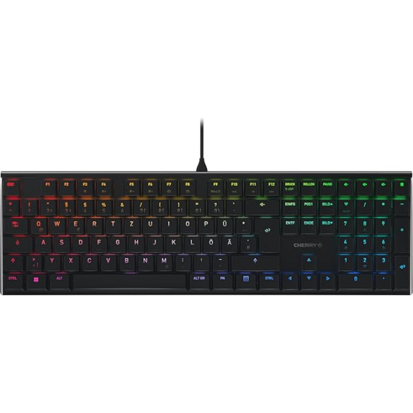 CHERRY MX 10.0N RGB, plakana mehāniskā spēļu tastatūra, vācu izkārtojums (QWERTZ), vadu, oriģinālie CHERRY MX zema profila RGB ātrgaitas slēdži, melna