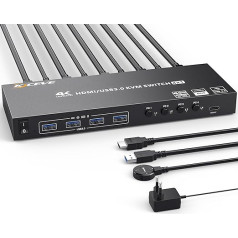 USB 3.0 KVM slēdzis HDMI 4 porti 4K @ 60Hz EDID simulācija, ESKEVE HDMI2.0 KVM slēdzis 4 PC 1 monitors 2K @ 120Hz 4 PC 1 monitoram un 4 USB 3.0 ierīcēm ar vadu pulti un HDMI + USB 3.0