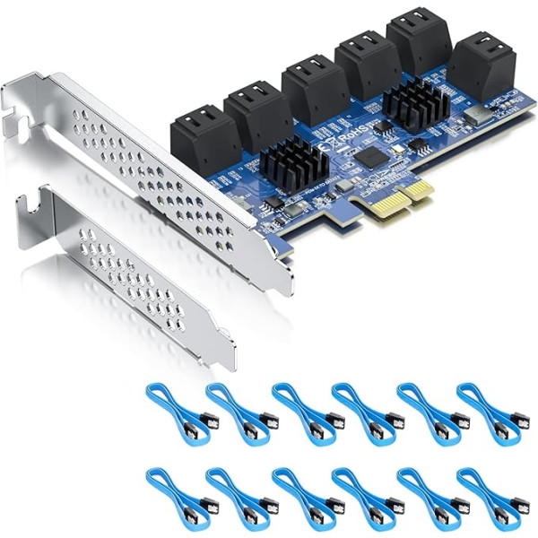 12 portu PCIe SATA karte, SATA3.0 paplašināšanas karte, X1, ar 12 SATA kabeļiem, atbalsta SSD un HDD