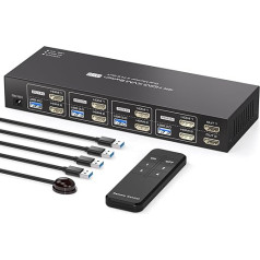 PVBCTCSID USB 3.0 KVM slēdzis 4 PC 2 monitoriem 4K @ 60Hz HDMI KVM slēdzis 4 pieslēgvietu KVM slēdzis 4 in 2 Out 4 datoriem, diviem monitoriem un 4 USB 3.0 ierīcēm ar četriem USB 3.0 kabeļiem un IR tālvadības pulti