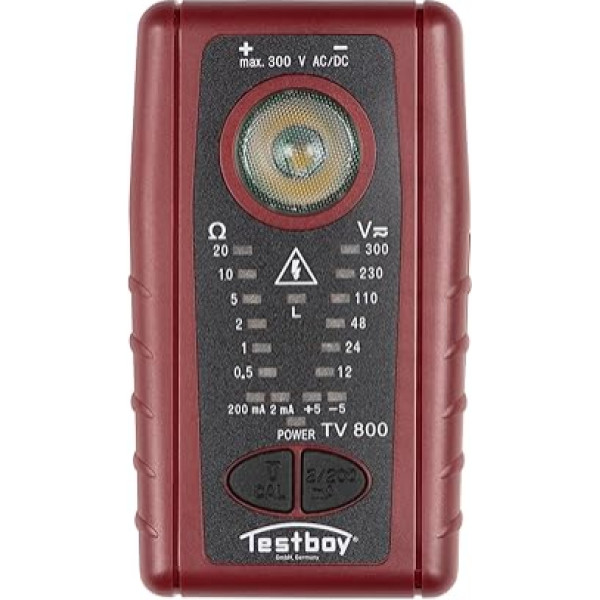 Testboy TV 800 zemas pretestības testeris ar 200 mA saskaņā ar EN 61557-4 (nepārtrauktības tests, ieskaitot sprieguma testu līdz 300 V AC/DC, integrēta augstas veiktspējas LED, bezkontakta sprieguma testeris) Sarkans