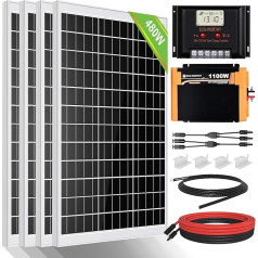 ECO-WORTHY 2 kW h saules paneļu sistēma ar invertoru, 480 W / 24 V saules paneļu komplekts autofurgoniem: 4 x 120 W saules moduļi + 60 A uzlādes kontrolieris + 1500 W 24 V līdzstrāvas / 220 V maiņstrāvas saules invertors