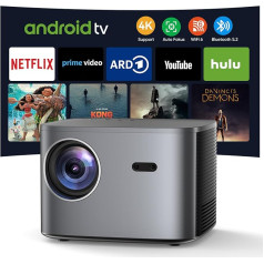 Android TV projektors, automātiskā fokusēšana/6D trapeces korekcija WiFi6 Bluetooth projektors ar 4K, 25000 lūmenu 1080P Full HD projektors ar 50 % tālummaiņu, viedais projektors mājas kinozālei ar Netflix YouTube LED