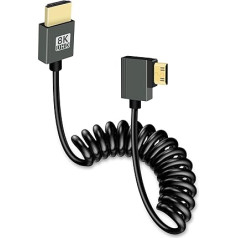 GELRHONR 8K Mini HDMI uz HDMI spirālveida kabelis, īpaši plāns mini HDMI kabelis 2.1 versijas ātrgaitas 48 Gbps, atbalsta 8K @ 60Hz 3D, piemērots DSLR kamerām, HDTV, portatīvajiem datoriem (kreisais leņķis)