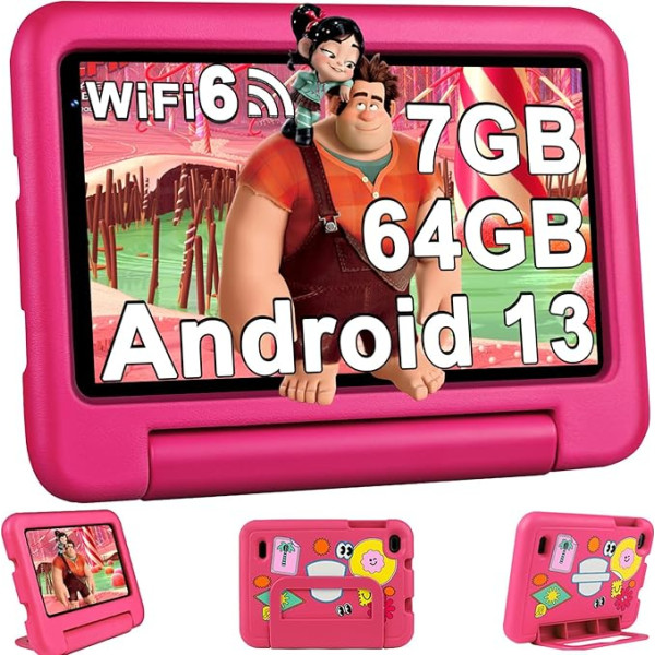 2024 Bērnu planšetdatori 7 collu FHD Android 13 OS Wi-Fi 6 Bluetooth 5.0, 7GB RAM+ 64GB ROM (TF 1TB) GMS sertifikācija | Vecāku kontrole | 3500mAh | AR Detection Animal Cards | EVA aizsargvāciņš rozā krāsā