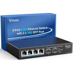 VIMIN 6 portu 2,5G nepārvaldāms tīkla komutators, 4 x 2,5 GBase-T porti, 2 x 10G SFP, Ethernet komutācijas jauda 60 Gbps, pie sienas un galda, piemērots 2,5 Gbps NAS, bezvadu piekļuves punktam un datoriem