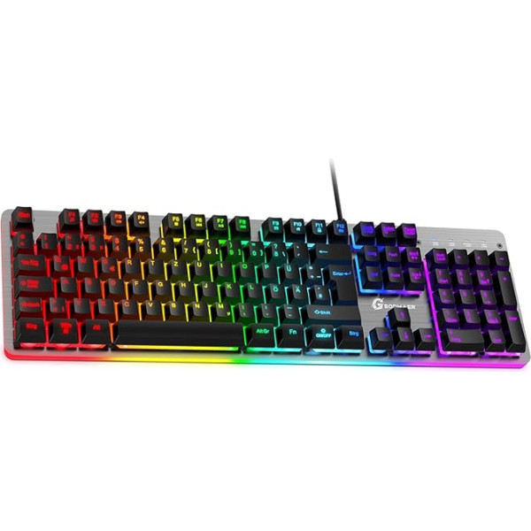 GEODMAER RGB spēļu tastatūra, 104 taustiņi, vadu spēļu tastatūra, 8 zonu RGB apgaismojums, metāla plāksne, programmējama makro spēļu tastatūra PC, klēpjdatoram, Mac, Xbox