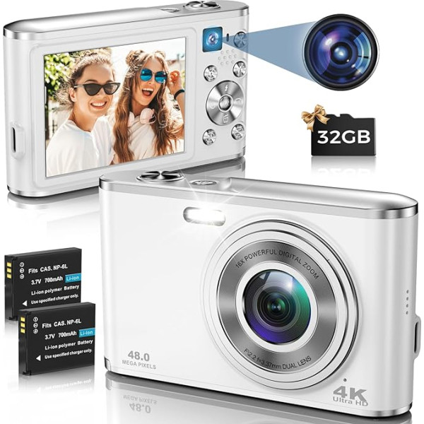 AutoFocus 4K digitālā kamera ar dubulto kameru un 32GB atmiņas karti HD 48MP 16X digitālā tālummaiņa 2,8 collu liels ekrāns Kompaktā fotokamera Foto kamera iesācējiem (balta)