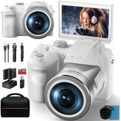 Monitech 64 MP digitālā kamera fotografēšanai un video uzņemšanai, 4K videoreportāžas kamera YouTube ar 3 collu flipekrānu, 16x digitālo tālummaiņu, Wi-Fi un automātisko fokusu, kameras siksniņu un statīvu, 2 baterijām, 32 GB TF karti